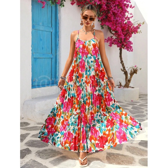 Bright Floral Multicolor Tropical Pleated Maxi Flared Dress - Picture 6 of 8